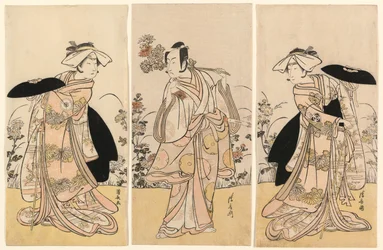 Bando Mitsugoro II come Tennen no Mansaku-kitsune e Ichikawa Monnosuke III come Nikaido Shinanonosuke e Iwai Hanshiro IV come Okura no Kojoro-kitsune nella scena del dramma Moto Mishi Yuki Sakae Hachi-no-ki