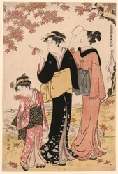 Bellezze sotto un acero, dalla serie "Una collezione di bellezze contemporanee dei quartieri del piacere (Tosei yuri bijin awase)"