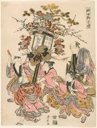Portando una lanterna decorata con un padiglione, Gohei, fiori e ventaglio (Sekiguchi-cho Rosoku-cho no banto), dalla serie "Il festival del santuario di Kanda (Kanda go-sairei)"
