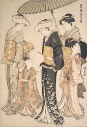Ragazza samurai di alto rango con quattro assistenti, dalla serie A Brocade of Eastern M..., ca. 1784