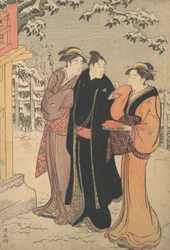 Uomo con un cappotto haori nero e due donne che si avvicinano a un tempio.