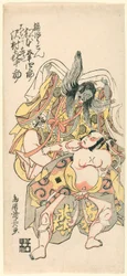 Matsumoto Koshiro III come Kusunoki Bokon e Sawamura Kijuro come Omori Hikoshichi nella scena di un dramma
