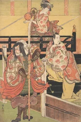 Su un balcone una donna è seduta suonando uno tsuzumi, sotto un uomo in costume da daimyo, ca. 1790
