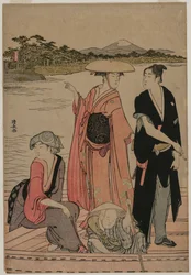 Passeggeri su una barca sul fiume Sumida