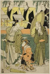 Gli attori Bando Matakuro IV come Chubei, Osagawa Tsuneyo II come Umegawa e Nakamura Katsugoro come Magoemon, nella commedia "Keisei Koibikyaku," rappresentata al Teatro Morita nel quinto mese, 1783