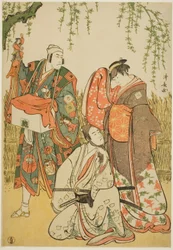 Gli attori Ichikawa Yaozo III come Shiragiku, Ichikawa Danjuro V come il burattinaio Dekurokubei, e Sawamura Sojuro III come Soga no Juro, nel joruri "Shinobukoi Yanagi no Katsura Otoko," rappresentato al Teatro Nakamura nel primo mese del 1785