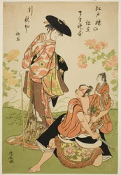 Gli attori Iwai Hanshiro IV come Kuzunoha, Ichikawa Yaozo III come Yakanpei, e Ichikawa Ebizo IV come Abe no Doji, nella commedia "Ashiya Doman Ouchi Kagami," rappresentata al Teatro Nakamura nel nono mese del 1784