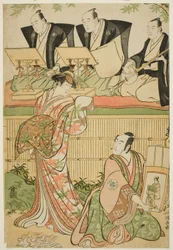 Gli attori Matsumoto Koshiro IV come Ukita Sakingo e Sawamura Sojuro III come il fantasma della cortigiana Takao, nella commedia "Ominaeshi Sugata no Hatsuaki," rappresentata al Teatro Nakamura, 1788