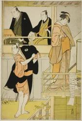 Gli attori Nakamura Riko I come Tanbaya Otsuma e Ichikawa Yaozo III come Furuteya Hachirobei, nel joruri "Sakamachi Yoi no Yotsutsuji," eseguito al Teatro Nakamura nel terzo mese, 1785