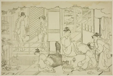 Il primo bagno del nuovo anno (Yudono hajime), dal libro illustrato "Colori della tripla alba (Saishiki mitsu no asa)"