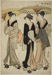 Sotto gli ombrelli sotto la pioggia, dalla serie "Un broccato di costumi orientali (Fuzoku Azuma no nishiki)"