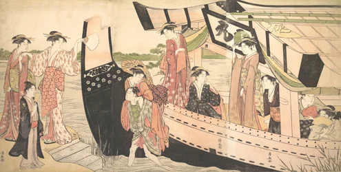 Donne che sbarcano da una barca da diporto sulla riva a Mukojima sul fiume Sumida, ca. 1785