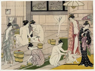 Donne in un bagno pubblico. Stampa giapponese di Torii Kiyonaga (1752-1815), circa 1785. Scuola Torii (ukiyo-e o ukiyoe).