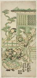 Gli attori Bando Hikosaburo I come Araki Shozaemon e Nakamura Sukegoro I come Daidoji Tahatanosuke nella commedia "Chigozakura Futabajikki," rappresentata al Teatro Ichimura nel decimo mese, 1746