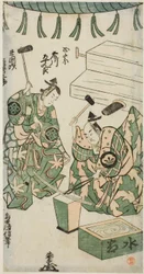 Gli attori Fujikawa Heikuro come Masamune e Matsushima Kichisaburo come Rai Kunitsugu nella commedia "Shin Usuyuki Monogatari," rappresentata al Teatro Nakamura nel sesto mese, 1746