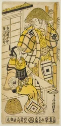 Gli attori Ichikawa Danjuro II come Onio Shinzaemon e Ichikawa Masugoro come Soga no Goro nella commedia "Furiwake-gami Hatsugai Soga," rappresentata al Teatro Ichimura nel primo mese, 1735
