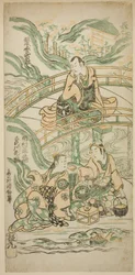 Gli attori Matsumoto Koshiro II come Kumasaka Chohan, Ichimura Kamezo I come Ise no Saburo, e Sanogawa Ichimatsu I come Ushiwakamaru nella commedia "Hatsu Tora Kurama Genji," rappresentata al Teatro Ichimura nel primo mese del 1749