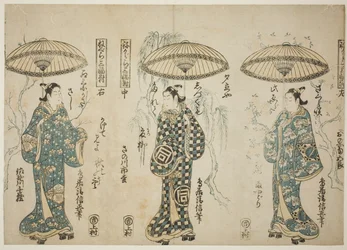 Gli attori Onoe Kikugoro I (destra), Sanogawa Ichimatsu I (centro) e Sanogowa Senzo (sinistra), dal trittico "Negura sanpukutsui"