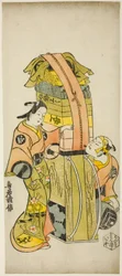 Gli attori Ichikawa Danjuro II come Kamada Matahachi e Ichikawa Monnosuke I come Hisamatsu nella commedia "Osome Hisamatsu Shinju Tamoto no Shirashibori," rappresentata al Teatro Morita, 1720