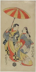 Nakamura Shichisaburo come Chihara Sakonnosuke e Hayakawa Hatsuse come la cortigiana Okuni, agosto 1702