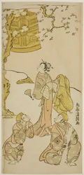 Gli attori Segawa Kikunojo II, Ichikawa Komazo II e Arashi Otohachi I nella commedia "Fude Hajime Soga no Tamazusa," rappresentata al Teatro Nakamura nel primo mese del 1768