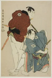 Gli attori Ichikawa Omezo I (R) come Tomita Hyotaro e Otani Oniji III (L) come Kawashima Jibugoro