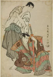 Gli attori Ichikawa Yaozo III (D) come Fuwa Banzaemon e Sakata Hangoro III (S) come Kosodate Kannonbo