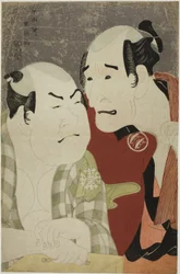 Gli attori Nakajima Wadaemon (R) come Bodara Chozaemon e Nakamura Konozo (L) come Gon del barcaiolo Kanagawaya