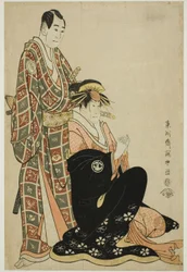 Gli attori Segawa Kikunojo III (R) come la cortigiana Katsuragi e Sawamura Sojuro III (L) come Nagoya Sanza Motoharu