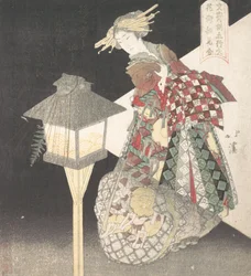 Cortigiana vicino a una lanterna, “Fuoco,” dalla serie Cinque Elementi per il gruppo di poesia Bunsai, ca. 1820