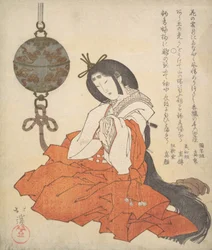 Dama di corte Kanjo seduta, e un Tsurikoro appeso vicino alla sua testa, ca. 1825