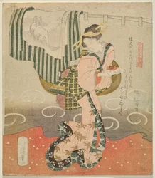 Donna che tiene una tazza di sake davanti a una tenda e un kimono drappeggiato (Cinque fogli per la visione dei fiori)