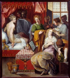 Hyante e Clymene alla loro toilette. Hyante e Clymene, due figlie del re di Creta che ospitano Francus, innamorate di questo eroe, sono impegnate nella loro toilette per sedurlo. Dipinto di Toussaint Dubreuil (XVII secolo)