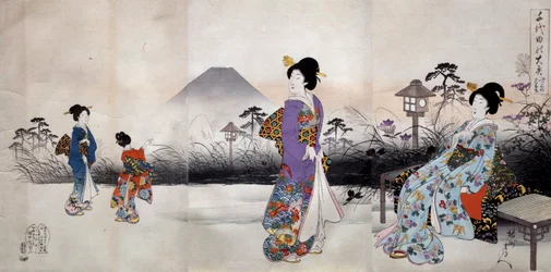Donne giapponesi che camminano davanti al Monte Fuji, stampa giapponese di Toyohara Chikanobu (1838-1912) 1896 Collezione privata