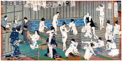 Scena della casa da bagno, una stampa di Toyohara Kunichika, XIX secolo