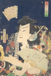Ichimura Kakitsu IV come Ushiwaka no Genji nella commedia Kabuki Una parodia del Rom..., 4° mese, 1868