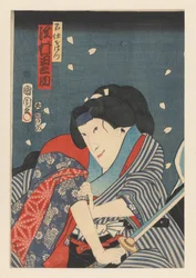 Ohatsu, brandendo una spada, attacco a Iwafuji. Sawamura Tanosuke III come Ohatsu (titolo sull