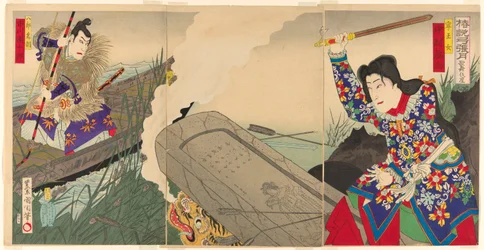 Gli attori Nakamura Fukusuke IV come Neiojo e Ichikawa Danjuro IX come Hachiro Tametomo