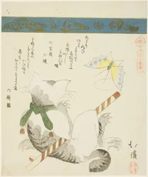 Gatto che gioca con una farfalla giocattolo, dalla serie "Trentasei Immagini di Uccelli (Sanjuroku kinzoku)"