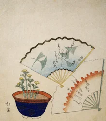 Vaso con Adone e due ventagli decorati con poesie di Ichotei Mitsunori e Fudegaki, circa 1830