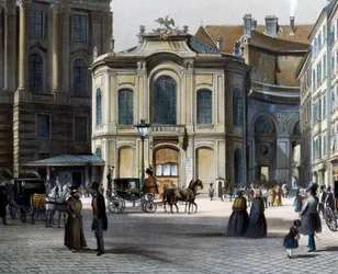 Burgtheater a Vienna Michaelerplatz con Winterreitschule (scuola di equitazione invernale) a destra