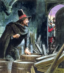 Guy Fawkes, colto in flagrante mentre prepara la Congiura delle Polveri, 1605