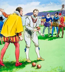 Sir Francis Drake che gioca a bocce su Plymouth Hoe, 1588, c. 1900
