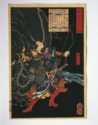 Primo piano del dipinto di un guerriero con un elefante