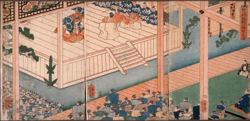 Il generale della destra, Lord Yoritomo, ispeziona una speciale rappresentazione di Nō