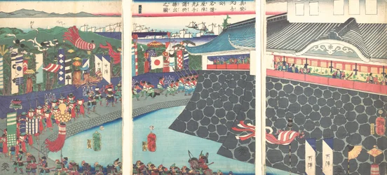 Hideyoshi e le sue truppe che lasciano il campo di Nagoya Mashiba Hideyoshi ko nagoya jin saki
