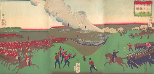 Illustrazione di cavalleria, fanteria e soldati in ritirata Kiheitai, hoheitai