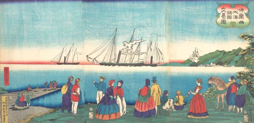 Illustrazione di un grande porto francese che commercia con molte nazioni, Furansukoku oomi..., 4° mese, 1866.