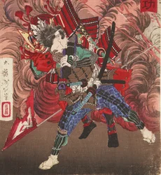 Okubo Hikozaemon che salva Tokugawa Ieyasu sul campo di battaglia, 1881