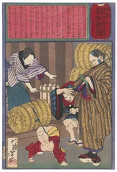 Il figlio di Horisaka Sahei legato a una balla di riso
